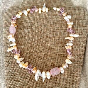 Rose quartz for love fresh water biwa pearls pink quartz briolettes necklace